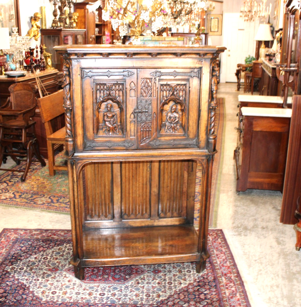 French Antique Gothic Oak Two Doors Hall Cabinet