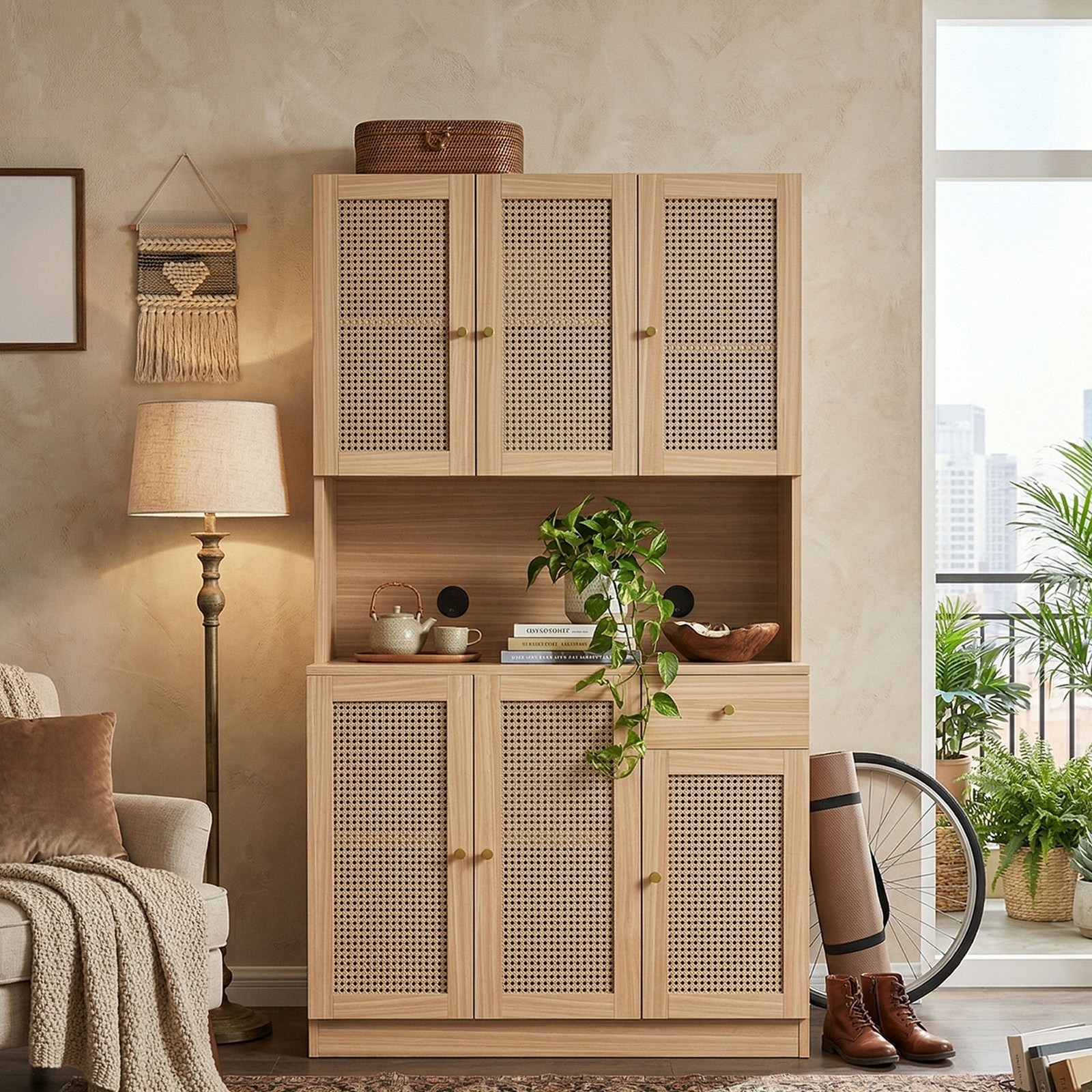 70.9 Inch Tall Storage Cabinet Sturdy Wood Construction 6 Doors Sliding Drawer