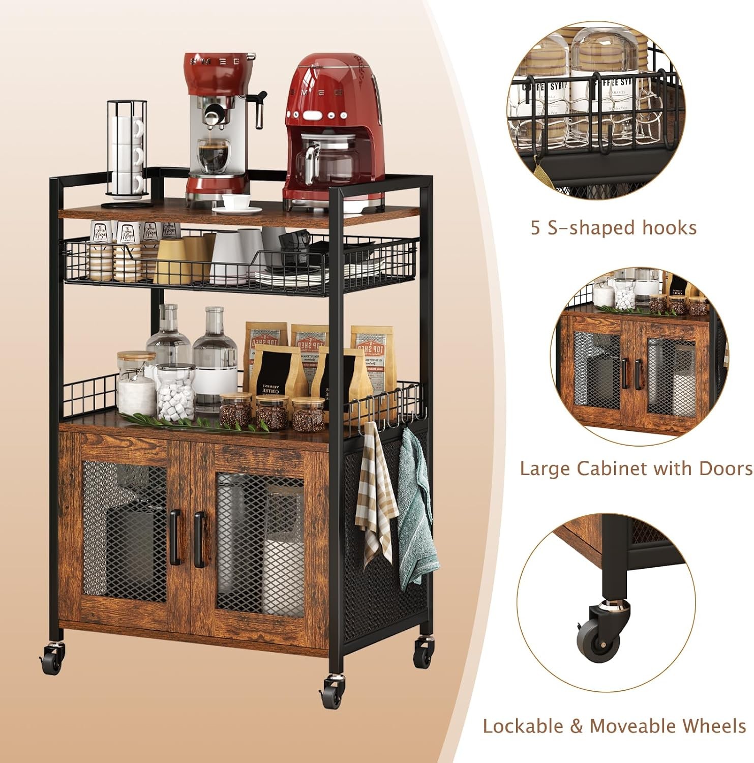 Coffee Bar Cabinet, 3 Tier Coffee Station Table on Wheels, 35.9″ H Bar Cart with