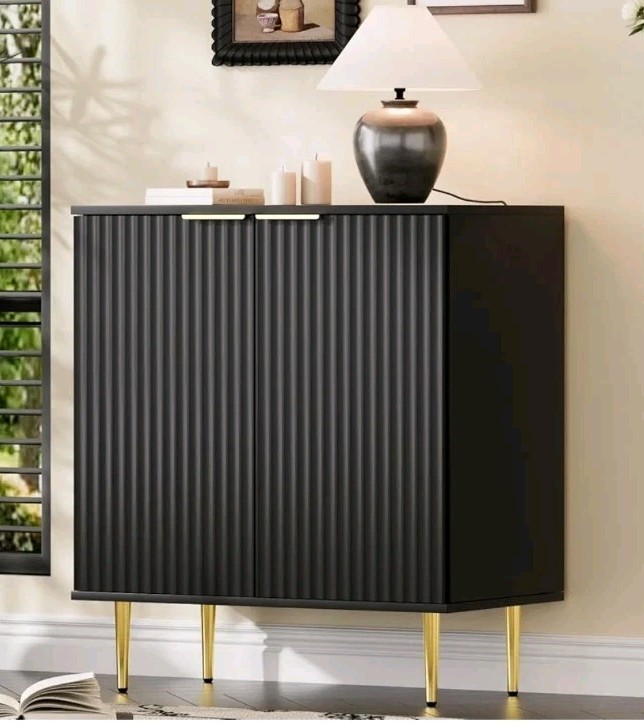 Black Fluted Buffet Cabinet, Standing Sideboard with Storage, Wood Accent Cab…