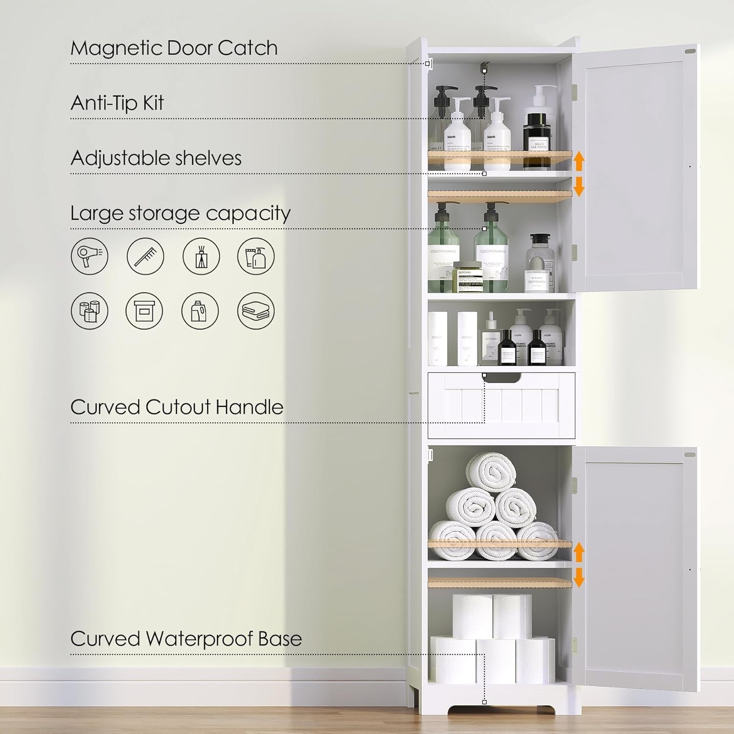 67″ H Tall Bathroom Storage Cabinet, Slim Narrow Organizer with Adjustable