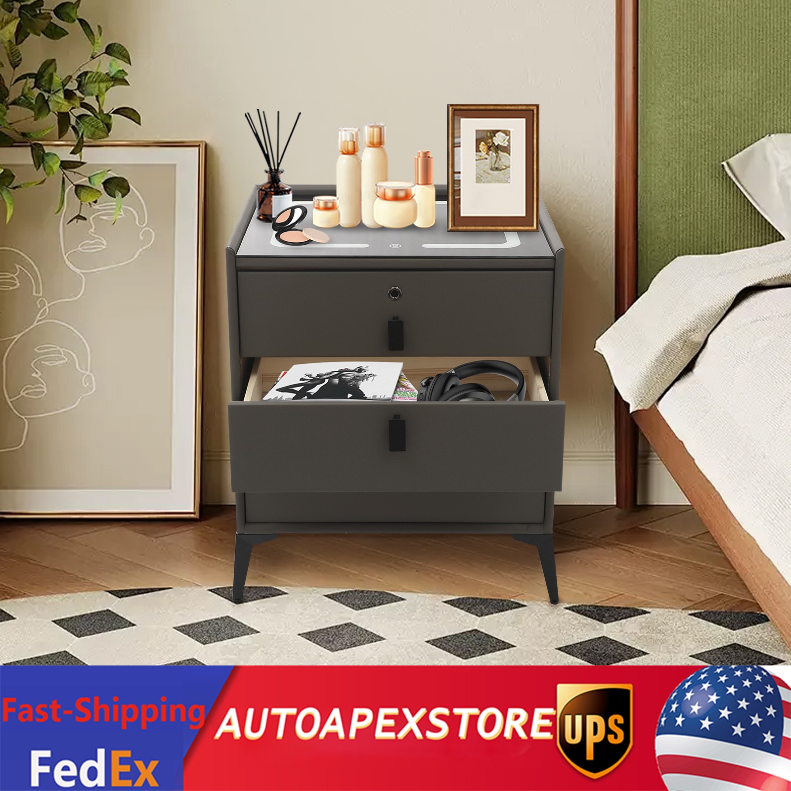 Smart Bedside Side Table Three-color Light Fingerprint Lock Bluetooth Speaker
