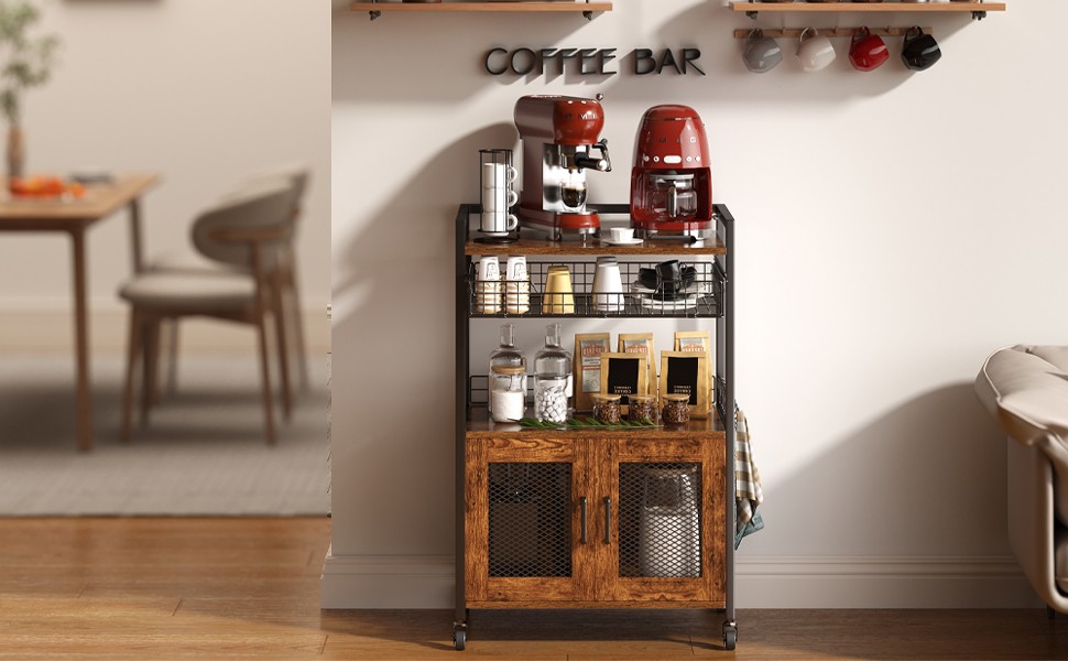Coffee Bar Cabinet, 3 Tier Coffee Station Table on Wheels, 35.9″ H Bar Cart with