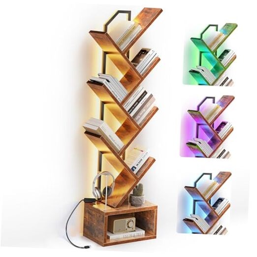 6-Tier Tree Bookshelf — Narrow Floor Standing Bookcase, Tall Steel & Vintage