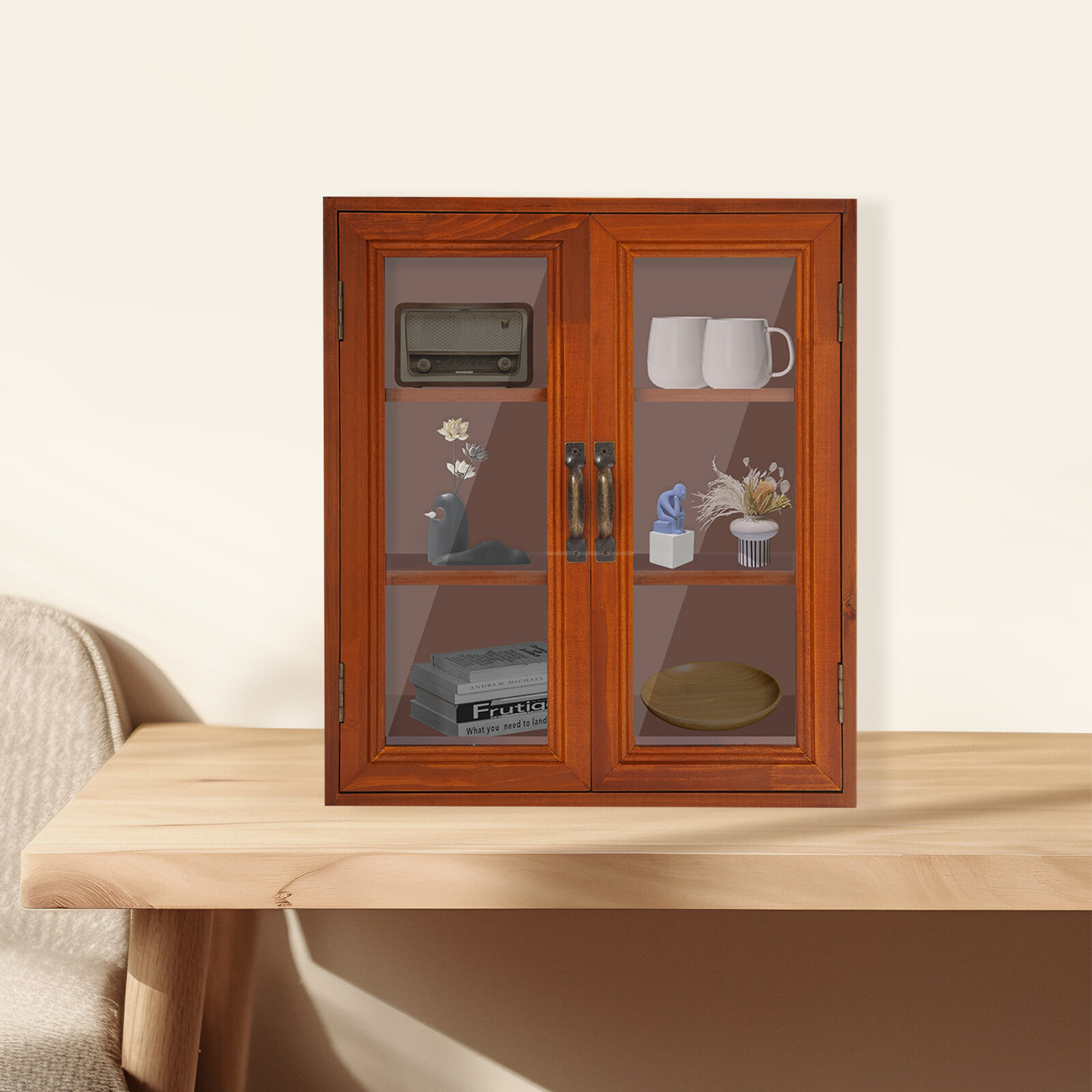Wooden Cabinet Storage Organizer Clear Magnetic Doors 3 Tier Home Storage Shelf