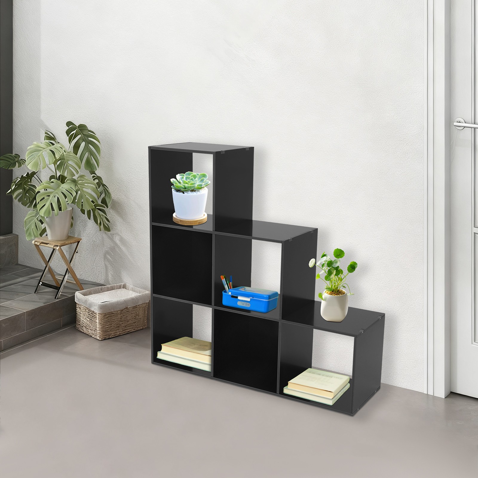 Black 6-cube L-shaped Storage Bookcase Freestanding L-shaped Stepped Bookcase
