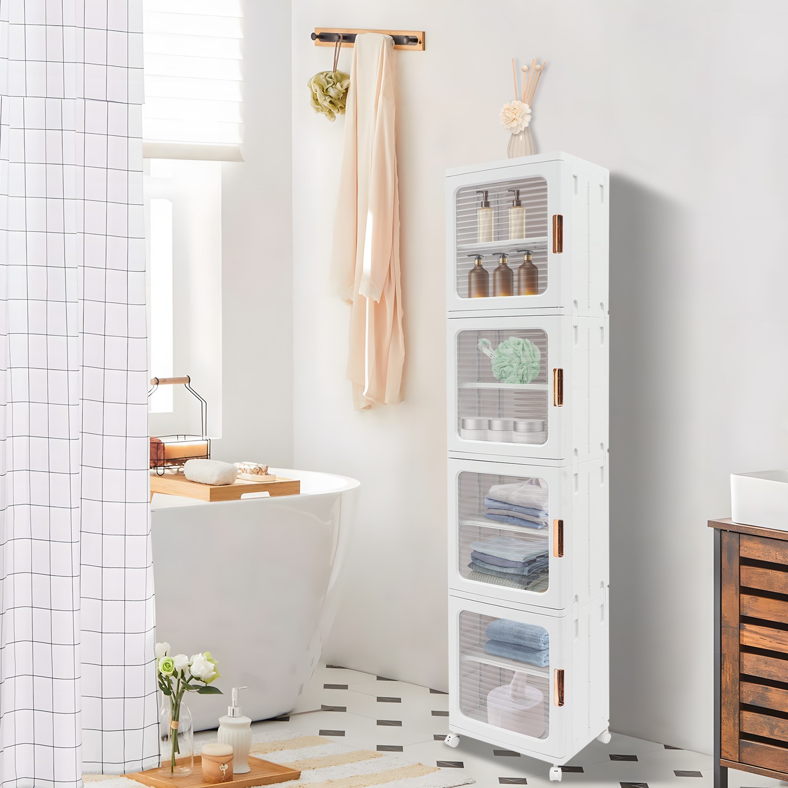 4-Tier Tall Narrow Storage Cabinet Organizer, Slim Bathroom Cabinets with Doors