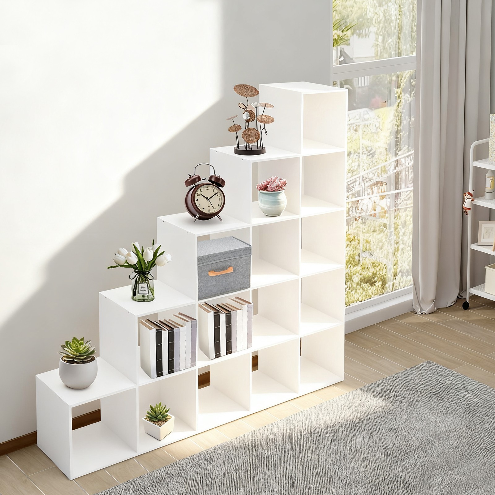 White Ladder Cube Storage Bookcase, L-Shaped Corner Shelf, 15-Cube Organizer