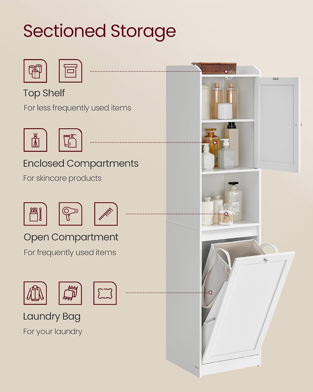 Tall Storage Cabinet, Storage Unit with Removable Laundry Basket, Compartment