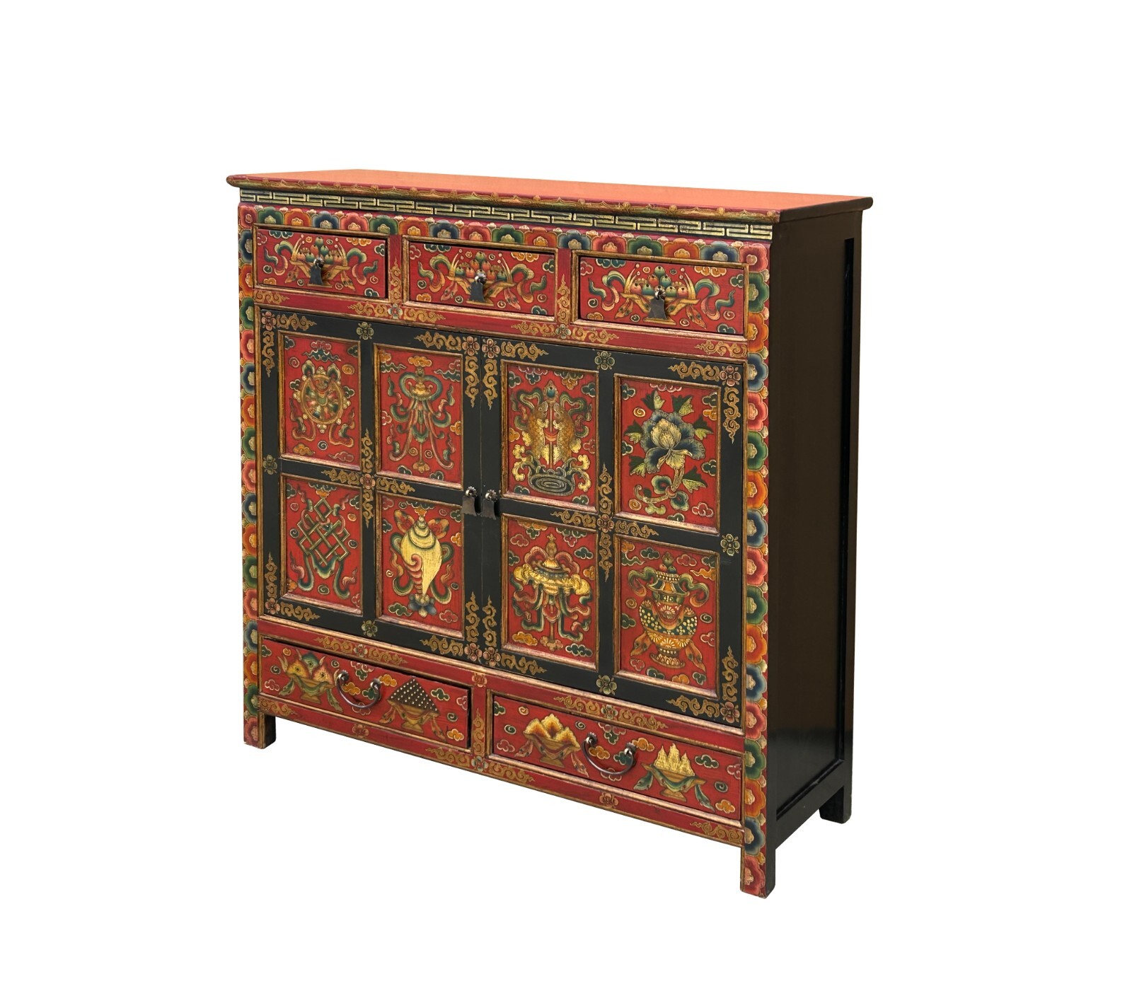 Tibetan Style 8 Auspicious Symbols Graphic Credenza Storage Cabinet ws4623